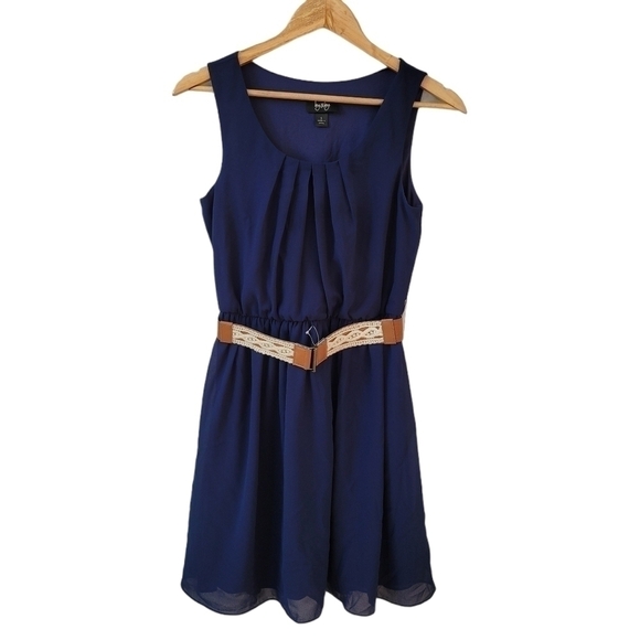 FIT Flare Navy Midi Dress With Belt - Picture 1 of 12